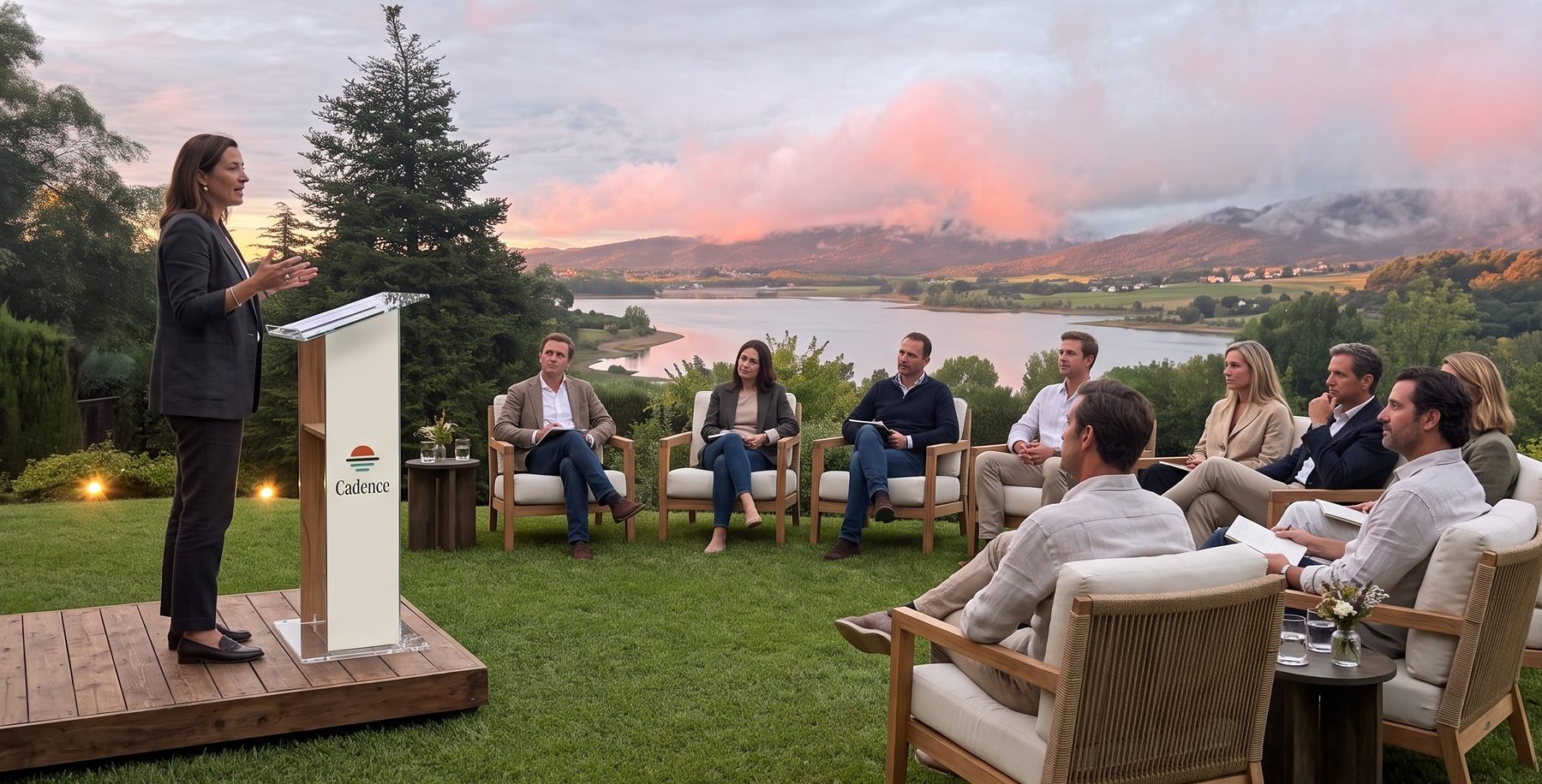 A facilitator opens the session for founders on a lawn above the lake